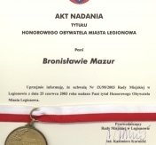 Uchwała w sprawie nadania Bronisławie Mazur tytułu Honorowego Obywatela Miasta Legionowa Uchwała w sprawie nadania Bronisławie Mazur tytułu Honorowego Obywatela Miasta Legionowa