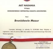 Uchwała w sprawie nadania Bronisławie Mazur tytułu Honorowego Obywatela Miasta Legionowa