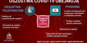 Na grafice - oszustwa na covid obejmują oszustwa telefoniczne, phishing Na grafice - oszustwa na covid obejmują oszustwa telefoniczne, phishing
