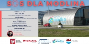 Grafika z hasłem SOS dla Modlina, w tle port lotniczy w Modlinie. Grafika z hasłem SOS dla Modlina, w tle port lotniczy w Modlinie.