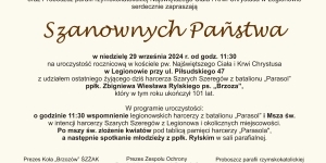 Zaproszenie na uroczystość rocznicową upamiętniającą legionowskich żołnierzy batalionu Parasol Zaproszenie na uroczystość rocznicową upamiętniającą legionowskich żołnierzy batalionu Parasol