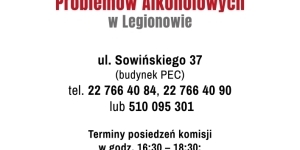 Grafika informująca o Posiedzeniach Miejskiej Komisji Rozwiązywania Problemów Alkoholowych w Legionowie