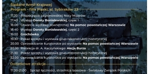 granatowy plakat z napisami i zarysem budynku