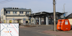 pojemnik na tekstylia oraz mapka z pinezką lokalizacji pojemnik na tekstylia oraz mapka z pinezką lokalizacji