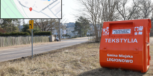 pojemnik na tekstylia oraz mapka z pinezką lokalizacji pojemnik na tekstylia oraz mapka z pinezką lokalizacji