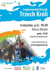 Plakat z orszakiem trzech króli. Na białym tle znajdują się informacje o wydarzeniu