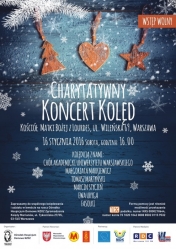Plakat charytatywnego koncertu kolęd. Na ciemnym tle pierniki i białe śnieżki