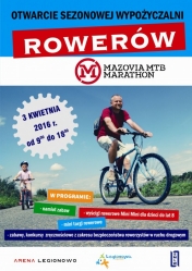 Na plakacie rowerzysta w tle dziecko jadące na rowerze i w kasku