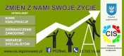 Reklama Centrum Integracji Społecznej. Grafika ludzi trzymających wskaźnik. Ludzie na banerze pną się w górę m.in przy użyciu drabiny
