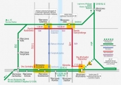 Plan linii kolejowych z zaznaczonymi trasami. Każda trasa ma inny kolor.