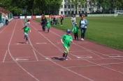 V Legionowska Paraolimpiada. Na zdjęciu młody sportowiec co sił biegnie do mety.