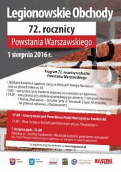 Plakat obchodów. Program spotkania na Biało - Czerwonym pasku. W tle mur na którym znajduje się symbol Powstania Warszawskiego