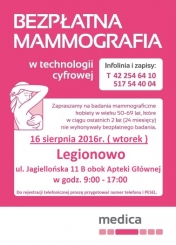 Plakat promujący wydarzenie. Pla plakacie rysunkowa kobieta przeprowadza badanie piersi.