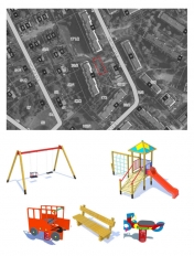 Plan miejsca w którym powstanie plac zabaw. Na placu zabaw przy ulicy Hetmańskiej przybędzie kilka nowych urządzeń rekreacyjnych.  Wśród nich znajdzie się podwójna huśtawka dla młodszych i starszych dzieci z siedziskiem płaskim i kubełkowym zapinanym na łańcuch oraz zestaw ze zjeżdżalnią z daszkiem i przeplotnią linową.