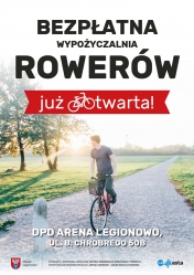 Plakat promujący start sezonu wypożyczalni rowerów w Legionowie