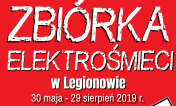 Fragment plakatu: Zbiórka elektrośmieci. Możemy to zrobić wykręcając numer telefonu do Urzędu Miasta Legionowo 22 766 40 91, 22 766 40 90 podając adres odbioru elektrośmieci. Koordynatorem jest Wydział Zdrowia Publicznego i Spraw Społecznych.
