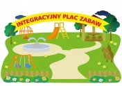 Grafika zielonego placu zabaw. Na żółtym tle jest napis:Integracyjny plac zabaw
