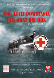 Serdecznie zapraszamy na obchody 100 - lecia powstania Polskiego Czerwonego Krzyża oraz Dni Honorowego Krwiodawstwa do Urzędu Miasta Legionowo dnia 22.11.2019 r. o godz. 18.00.