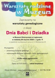 ajęcia odbędą się 26 stycznia 2020 r. o godz. 11 w pawilonie Muzeum przy ul. A. Mickiewicza 23.  W programie: – prezentacja na temat genealogii; – wykonywanie albumów rodzinnych i tablic genealogicznych.  Liczba miejsc ograniczona. Zapisy prowadzimy od 13.01.2020 r. w Muzeum Historycznym w Legionowie (ul. Mickiewicza 23), telefonicznie (22 784 59 88) lub mailowo (zapisy@muzeum.legionowo.pl).  Udział w zajęciach jest bezpłatny.