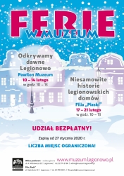 Plakat promujący ferie w legionowskim muzeum