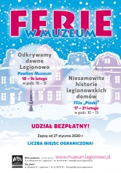 Plakat promujący ferie w legionowskim muzeum