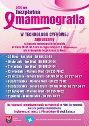 Plakat z terminami dot. bezpłatnej mammografi