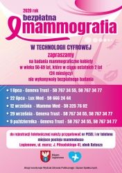 Plakat z terminami dot. bezpłatnej mammografi