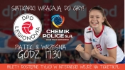 Grafika promująca powrót siatkarek na parkiet DPD Areny Legionowo w nowym sezonie w spotkaniu z Chemikiem Police