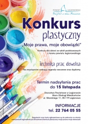 Plakat promujący Konkurs Plastyczny. W tle pędzel i paleta, na której znajdują się farby. Konkurs jest adresowany do dzieci i młodzieży mieszkających lub uczących się w powiecie legionowskim.