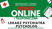 Grafika z napisem Pomoc on-line i telefoniczna lekarz psychiatra, psycholog dla mieszkańców Gminy Miejskiej Legionowo