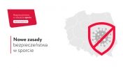 Grafika wyróżniająca - Nowe zasady bezpieczeństwa w sporcie. W tle mapa Polski i przekreślony symbol koronawirusa.