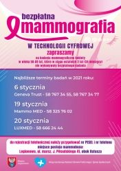 Plakat informujący o badaniach mammograficznych w styczniu 2021 roku w Legionowie