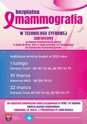 Plakat informujący o badaniach mammograficznych w lutym i marcu 2021 roku w Legionowie