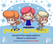 Grafika promująca konkurs pn. Jestem Europejczykiem. Dbam o zdrowie. Na niej trzy postacie w maseczkach.