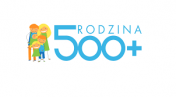 Na rysunku grupa ludzi. Dwie osoby dorosłe oraz trójka dzieci. Napis: Rodzina 500+