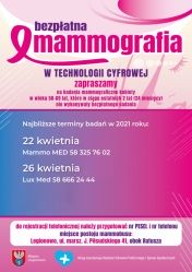 Plakat informujący o badaniach mammograficznych w kwietniu 2021 roku w Legionowie