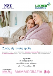 Plakat promujący badania mammograficzne. Szczegóły z plakatu w treści wydarzenia.