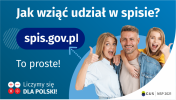 Baner zachęcający do udziału w Narodowym Spisie Powszechnym z napisem - Jak wziąć udział w spisie. Na zdjęciu trzy cieszące się osoby.