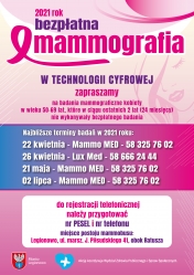 Plakat informujący o terminach badań mammograficznych w Legionowie