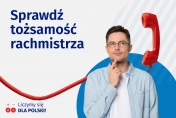 Grafika z napisem - Sprawdź tożsamość rachmistrza. Słuchawka telefonu stacjonarnego a obok zastanawiający się mężczyzna.