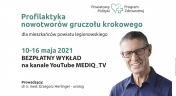 Plakat promujący bezpłatny wykład 'Rak i przerost gruczołu krokowego'. W tle starszy mężczyzna w okularach.