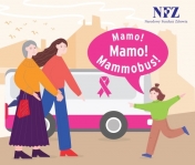 Mamo! Mammobus. Na grafice dwie kobiety stojące przed mammobusem oraz dziecko biegnące w ich kierunku.