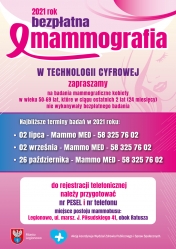 Plakat informujący o terminach badań mammograficznych w Legionowie