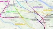 Wycinek mapy z zanzaczonymi wariantami tras przebiegu nowej linii kolejowej