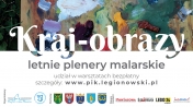 Na grafice napis - Kraj-obrazy letnie plenery malarskie. W tle deska w farbach.