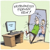 Komiks, Wnuczek pcha dziadka w kierunku komputera.