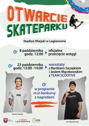 OTwarcie skateparku. Grafika przedstawia postać na deskorolce.