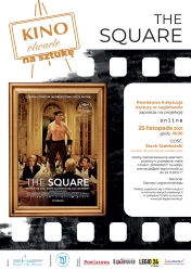 Plakat promujący Kino Otwate - The Square. Osoba stoi na stole w restauracji.
