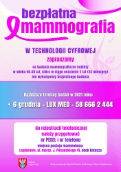 Plakat informujący o terminach badań mammograficznych w Legionowie