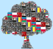 Drzewo utworzone z flag różnych państw i screenów ekranu